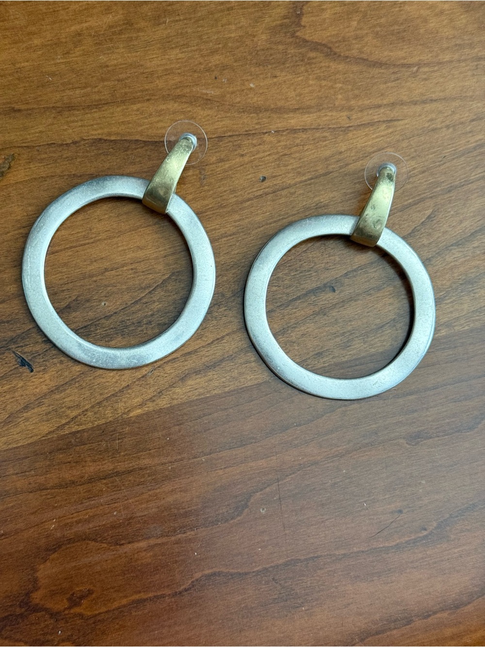 CAbi Silver and Gold Circular Hoop Drop Earrings NEW